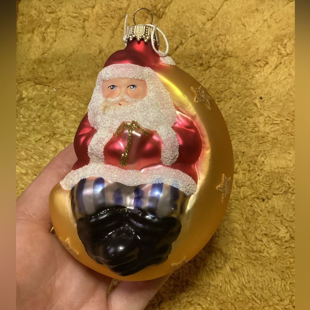 Krebs Handblown Glass Santa on Crescent Moon Ornament Made in Germany
